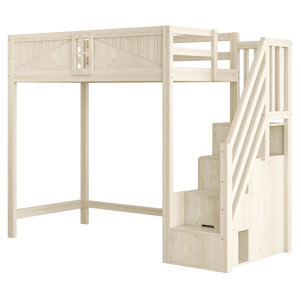Letto a soppalco in legno massiccio 90 x 200 cm con scala di sicurezza reversibile e spazio multifunzionale