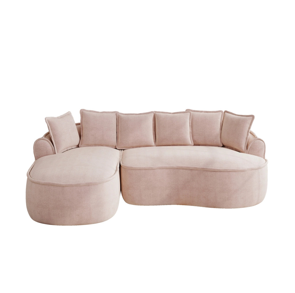 Divano letto modulare IVMEU in ciniglia rosa, 2 moduli con chaise longue, seduta profonda e braccioli ampi per soggiorno