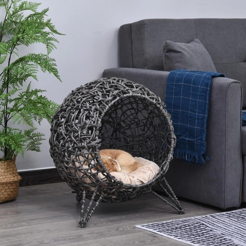 Cuccia per gatti in rattan PE grigio argento con cuscino