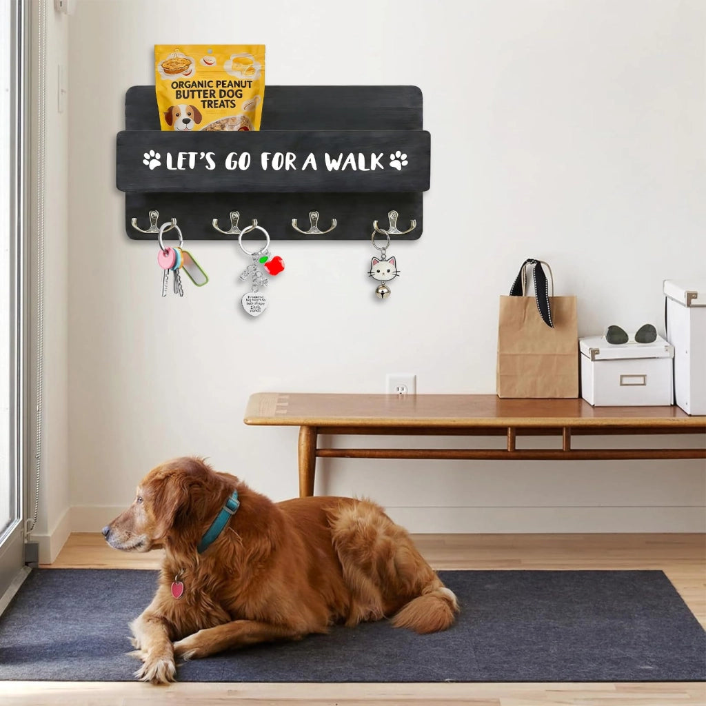 Portachiavi da parete a forma di cappotto per cani, con ripiano, 8 ganci, legno, nero