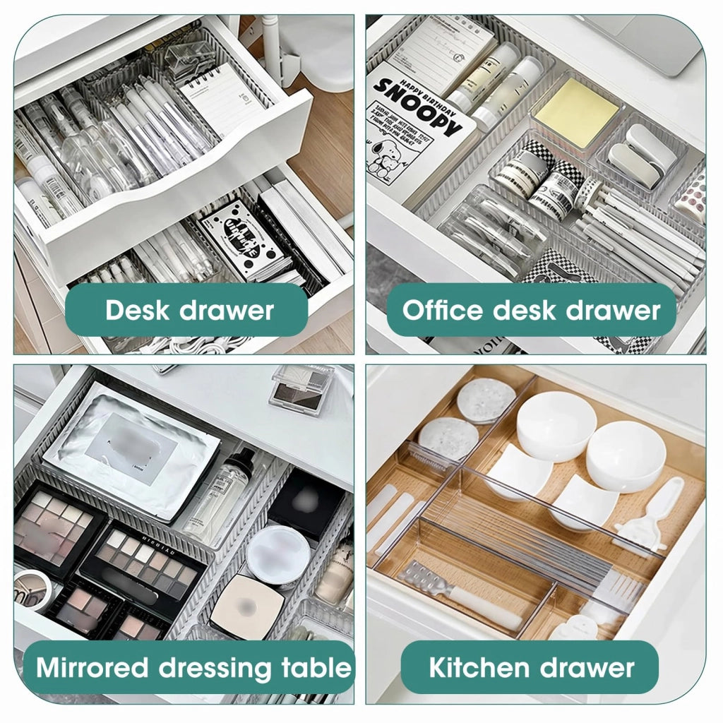 Set di organizer per cassetti, 10 pezzi, trasparenti, 4 dimensioni, impilabili
