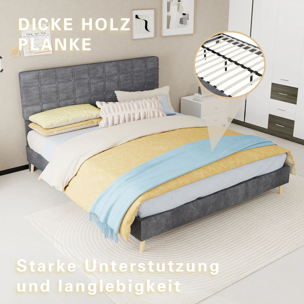 Letto matrimoniale grigio scuro in tessuto con testiera imbottita a quadri, 160x200 cm, con materasso incluso