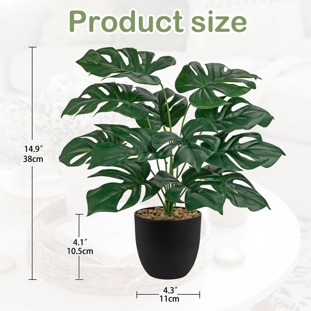 Pianta artificiale in vaso nero, riproduzione di Monstera con decorazione in pietra, pianta verde finta per soggiorno, ufficio, arredamento casa