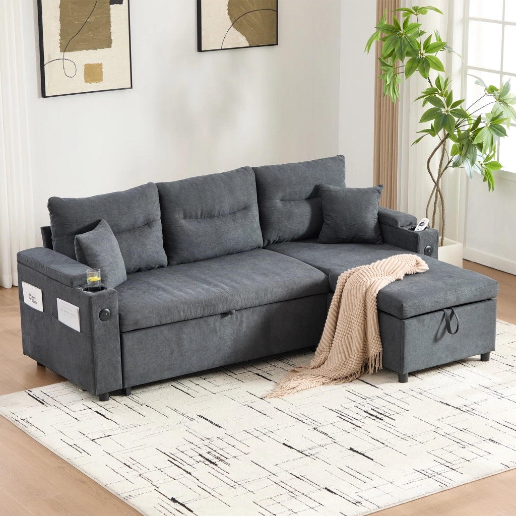 Divano letto 3 posti 212;5x136 cm con chaise longue contenitore; USB-C e portabevande; lino grigio scuro