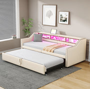 Divano Letto Estraibile 90/180 x 200 cm in Tessuto Beige con Luce LED, Porta USB e Rete a Doghe