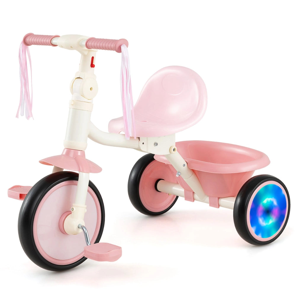 Triciclo pieghevole con ruote luminose per bambini 3¨C5 anni sedile regolabile, Triciclo evolutivo per bambini con telaio in acciaio al carbonio Rosa