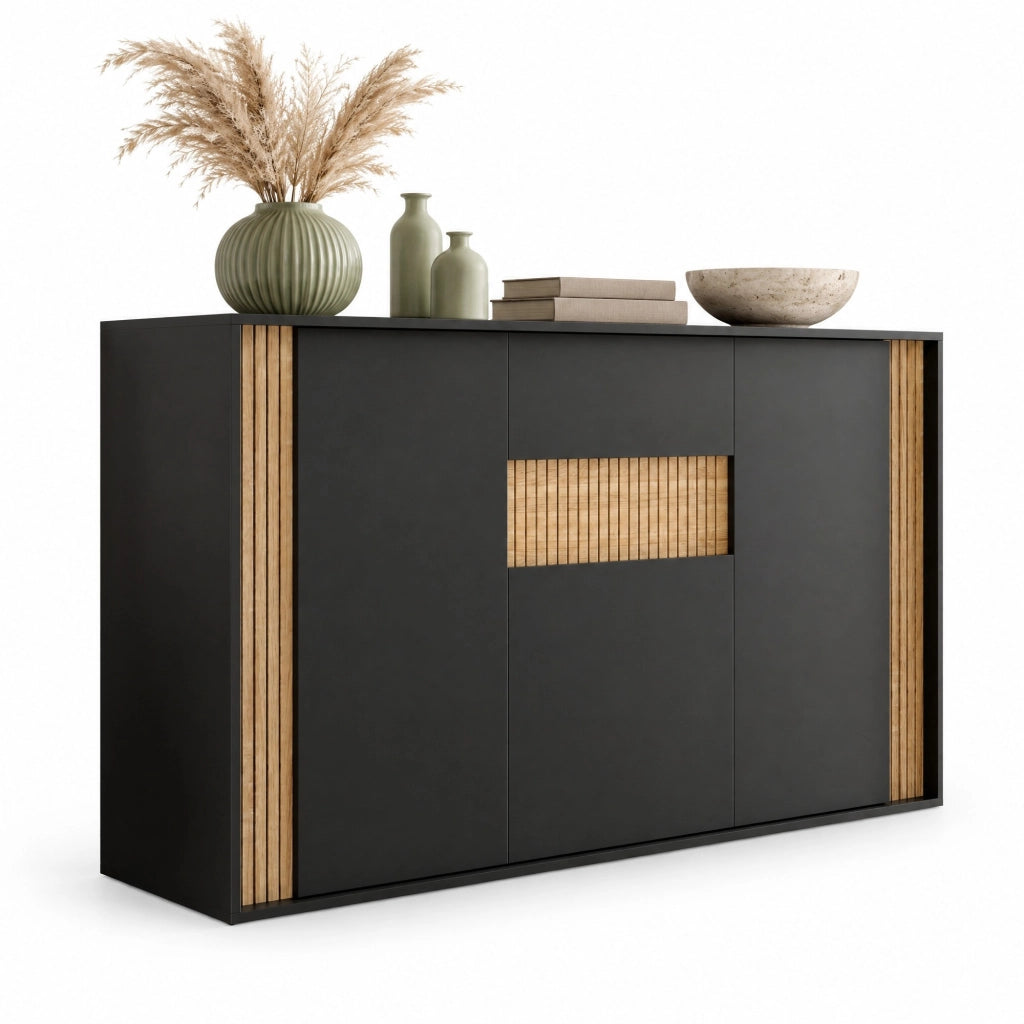 Credenza nera e naturale con 3 ante, cassetto e illuminazione LED, 140 x 40 x 82 cm