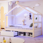 Letto singolo a casetta 90x190 cm con cassetto; LED multicolore e scarpiera