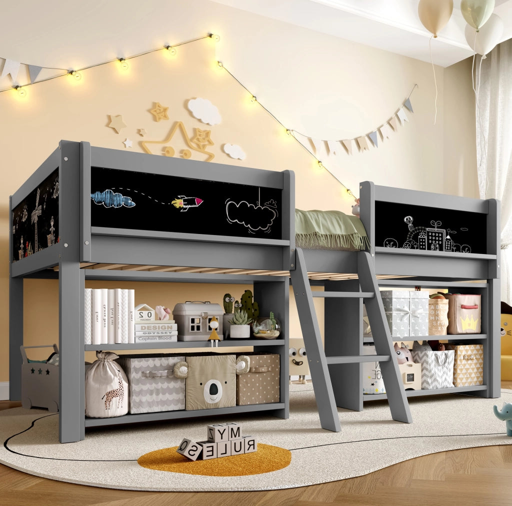Letto rialzato per bambini 90x200 cm con ripiani; scala e lavagna in pino e MDF; grigio