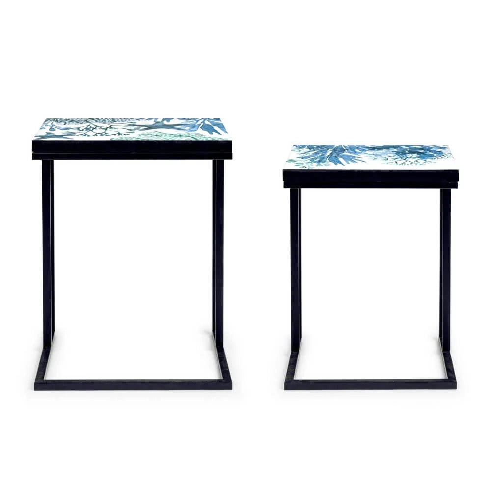 Set di 2 Tavolini da Salotto con Piano Decorato a Coralli Declan Nero
