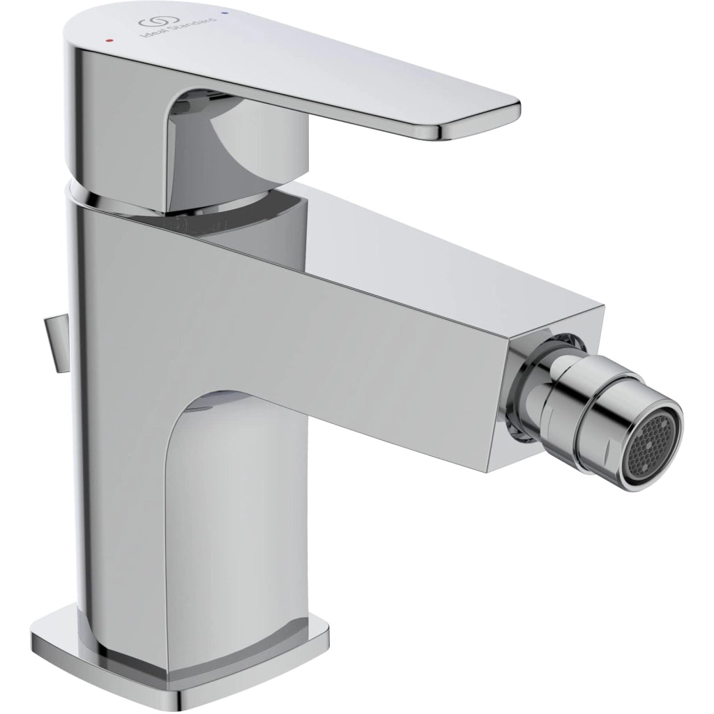 Rubinetteria per bidet Cerafine D, miscelatore monocomando con bocca fissa, leva di comando e gruppo di scarico, cromata