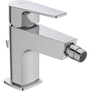 Rubinetteria per bidet Cerafine D, miscelatore monocomando con bocca fissa, leva di comando e gruppo di scarico, cromata