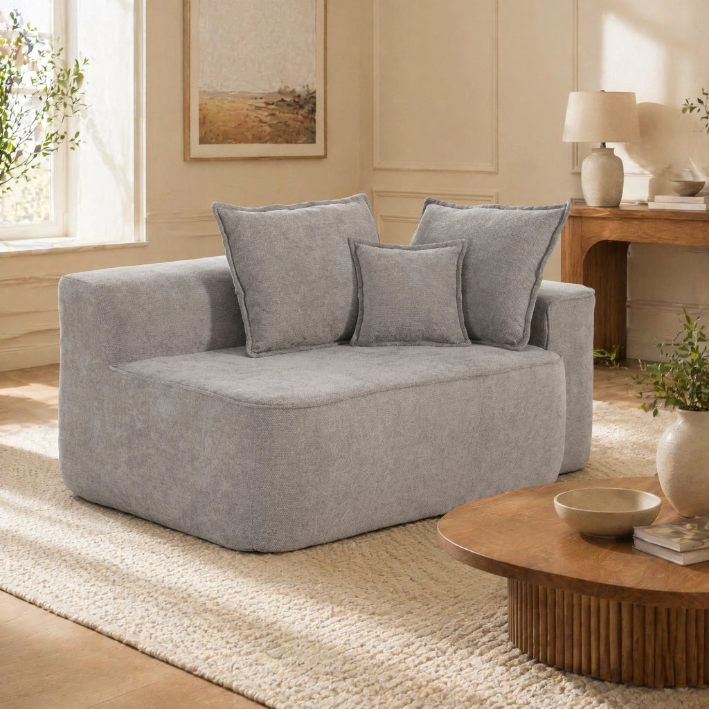 Divano 2 posti IVMEU in ciniglia grigia con tasche laterali, seduta imbottita e montaggio non necessario