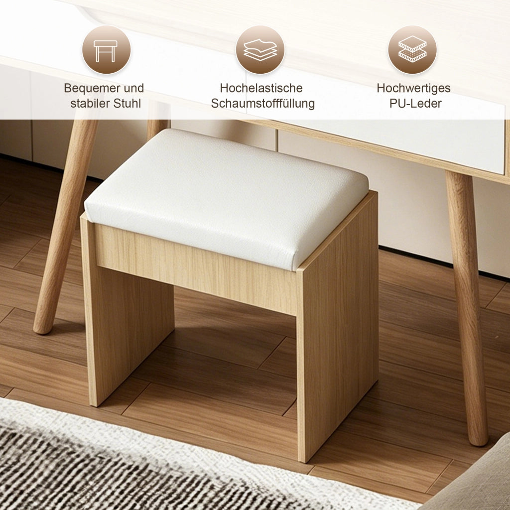 Toeletta con specchio e illuminazione LED regolabile; sgabello imbottito; 2 cassetti e vani; MDF effetto legno naturale
