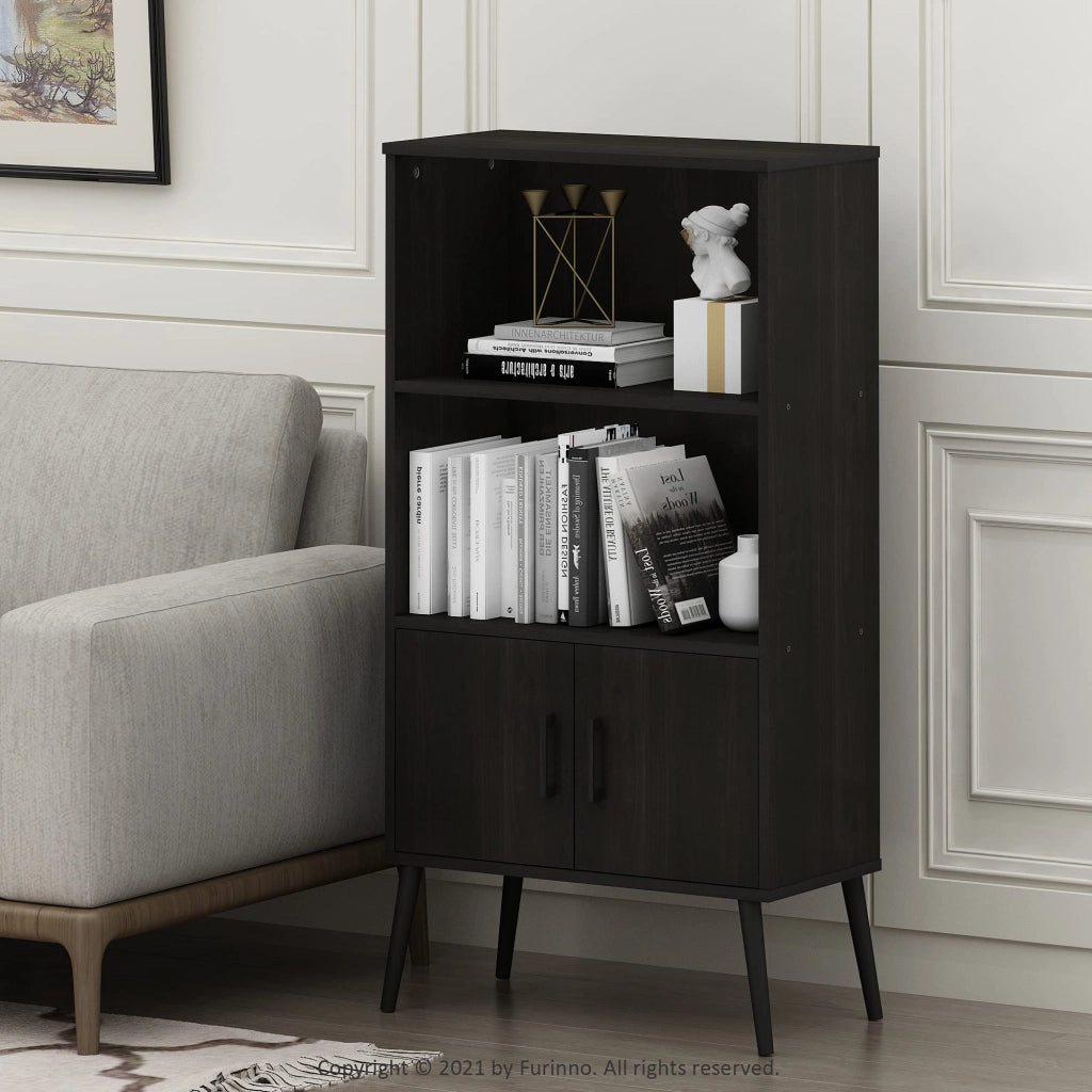 Mobiletto portaoggetti, stile metà del secolo, gambe in legno, 3 ripiani, colore espresso
