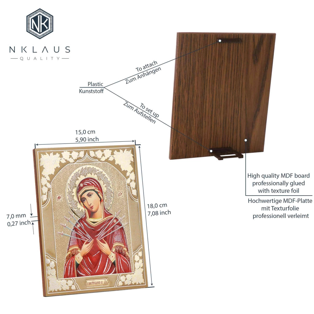 Icona in legno della Madonna delle Sette Spade, 15x18 cm