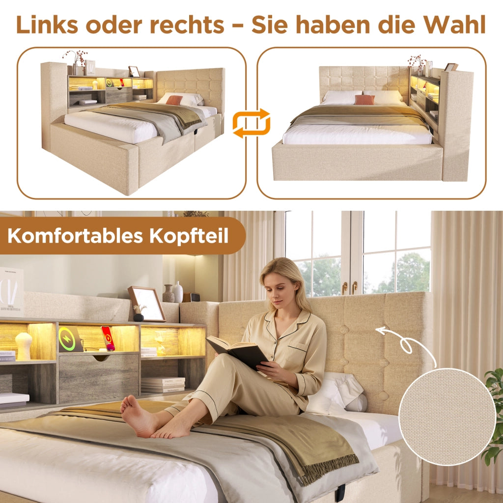 Letto matrimoniale 140 × 200 cm con materasso contenitore idraulico LED USB testiera reversibile in lino beige