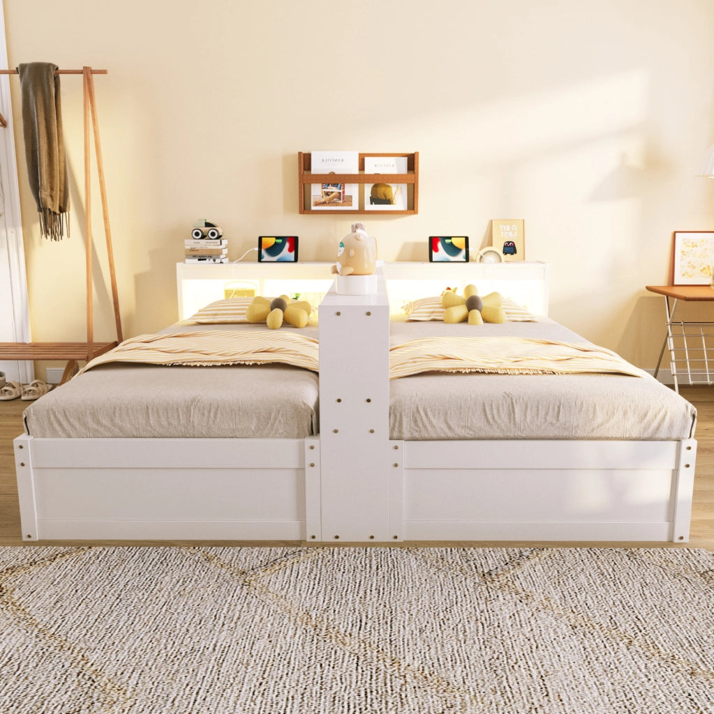 Divano letto multifunzionale 90/180 × 200 cm in legno massello con LED, prese multiple e contenitori, bianco