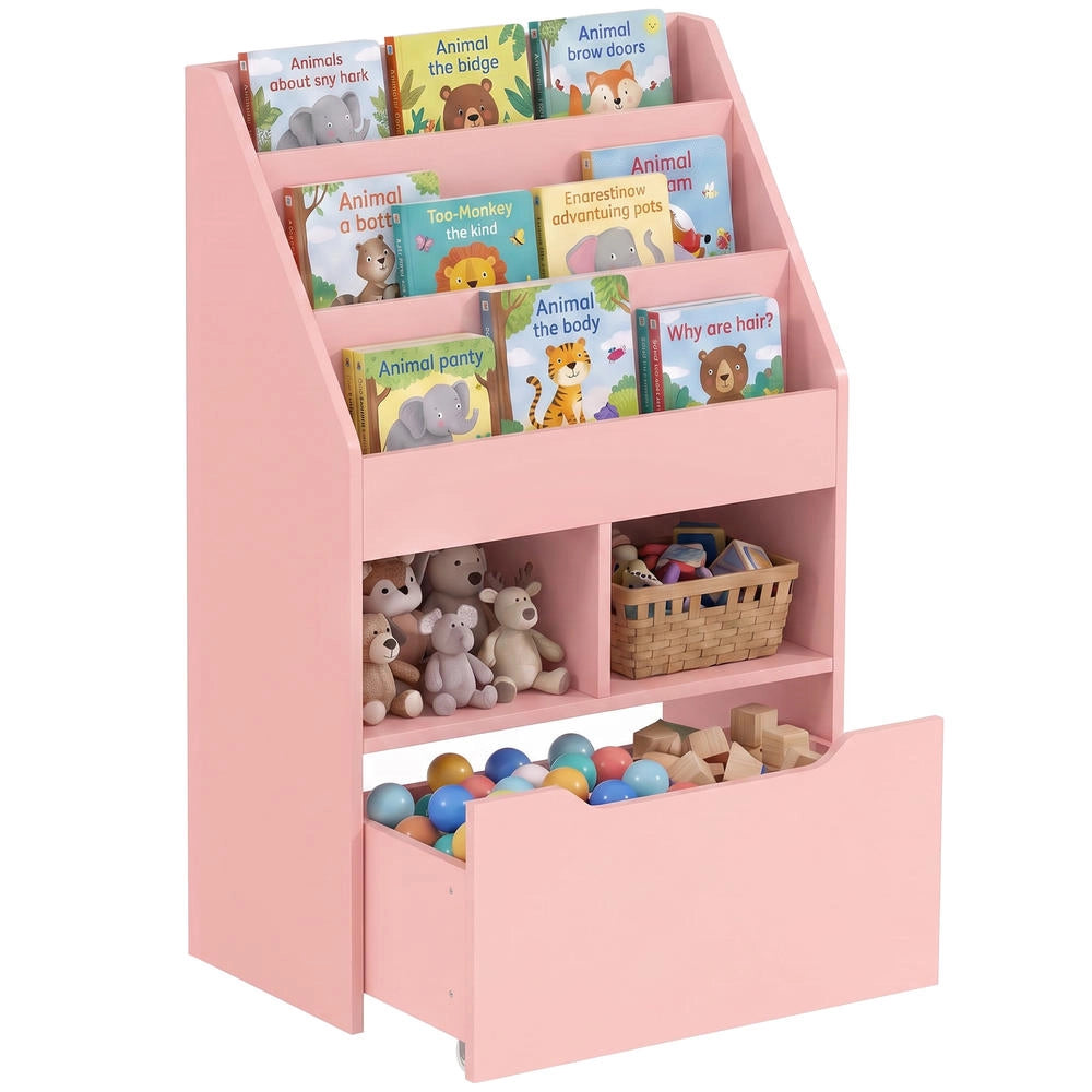 Piccola libreria per bambini in MDF, colore rosa, 60x29.9x90cm con ripiani, cassetto, design salvaspazio per cameretta