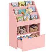 Piccola libreria per bambini in MDF, colore rosa, 60x29.9x90cm con ripiani, cassetto, design salvaspazio per cameretta
