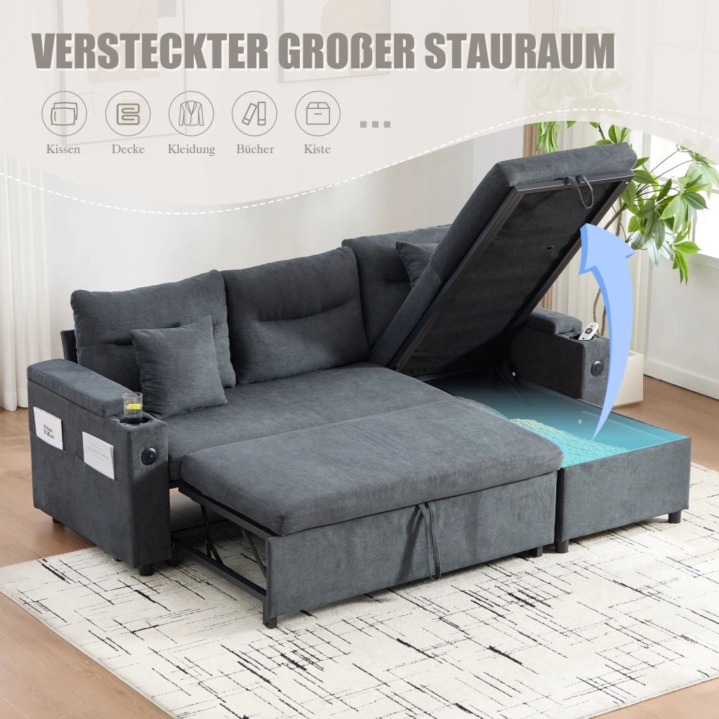 Divano letto 3 posti 212;5x136 cm con chaise longue contenitore; USB-C e portabevande; lino grigio scuro