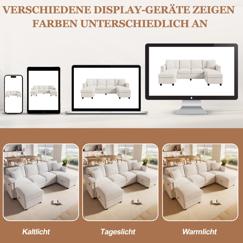Divano modulare in ciniglia beige 261 × 134 × 82 cm con 2 pouf contenitore