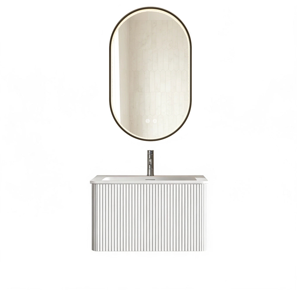Mobile bagno sospeso bianco con lavabo integrato in pietra acrilica e specchio LED 50x80 cm regolabile