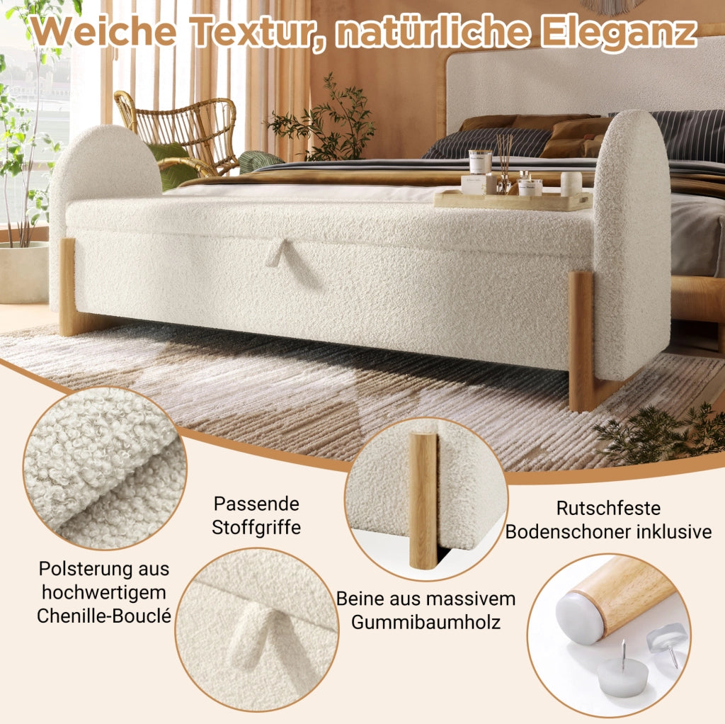Panca contenitore bianca 146 cm con rivestimento bouclé