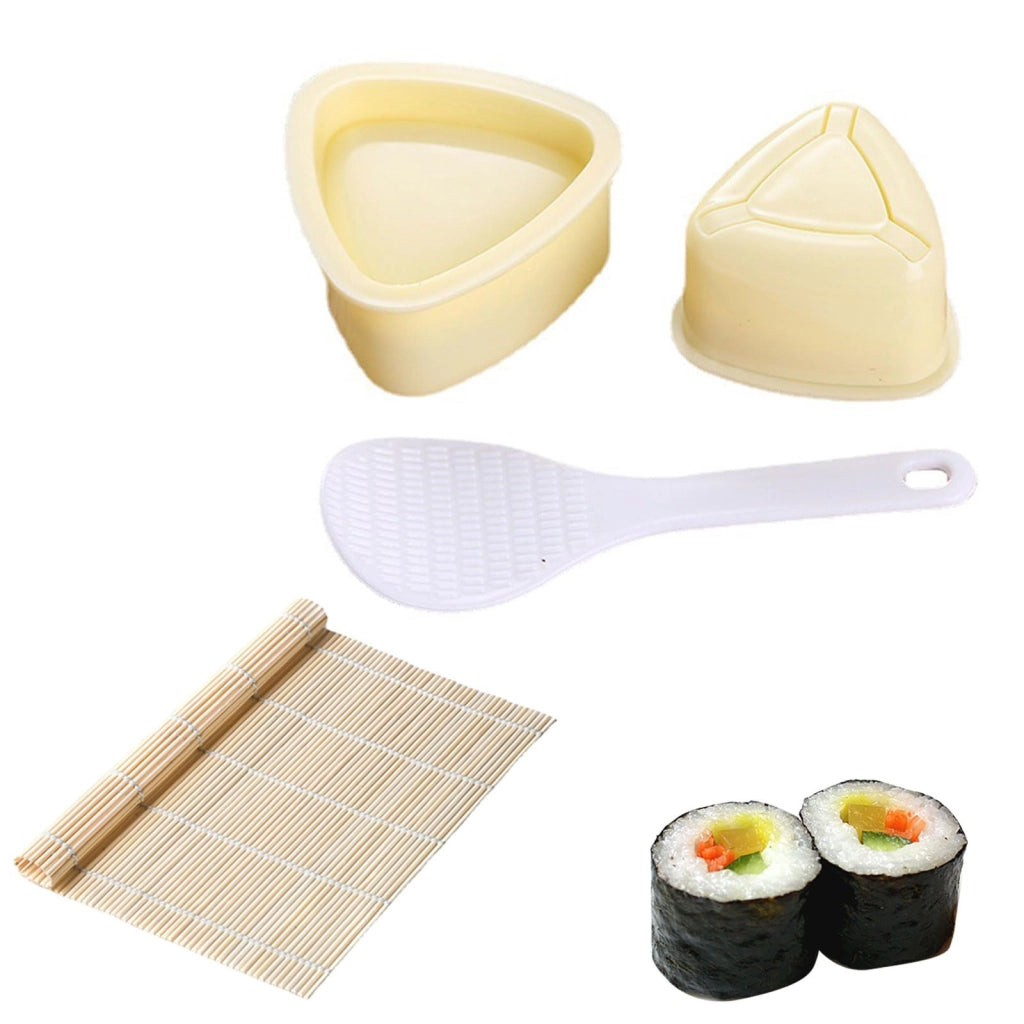 Set per la preparazione di sushi, composto da: 2 formine per onigiri, un cucchiaio per riso, un tappetino per sushi, materiale: PP, confezione da 4 pezzi