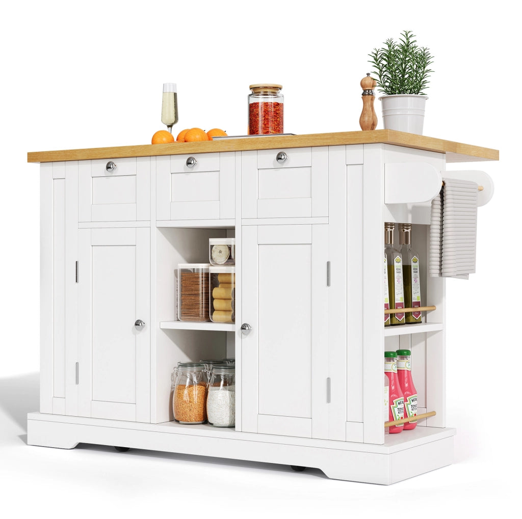 Isola da Cucina Mobile 132 cm con Piano Estensibile, Armadietto Multifunzionale, Cassetto, Porta Spezie e Portasciugamano con Ruote e Presa Elettrica Integrata