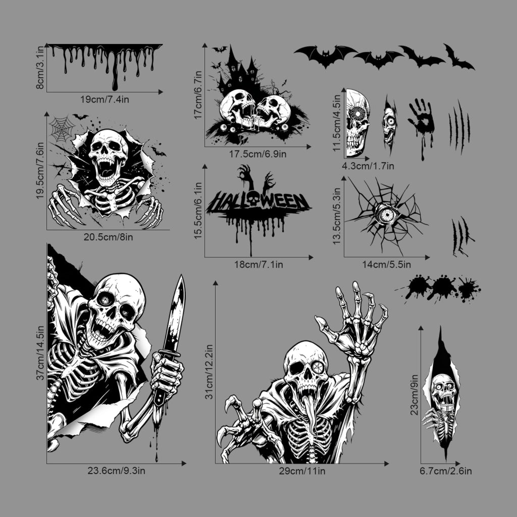 Set da 2 pellicole adesive per finestre a tema Halloween: scheletro, pipistrello, ragnatela