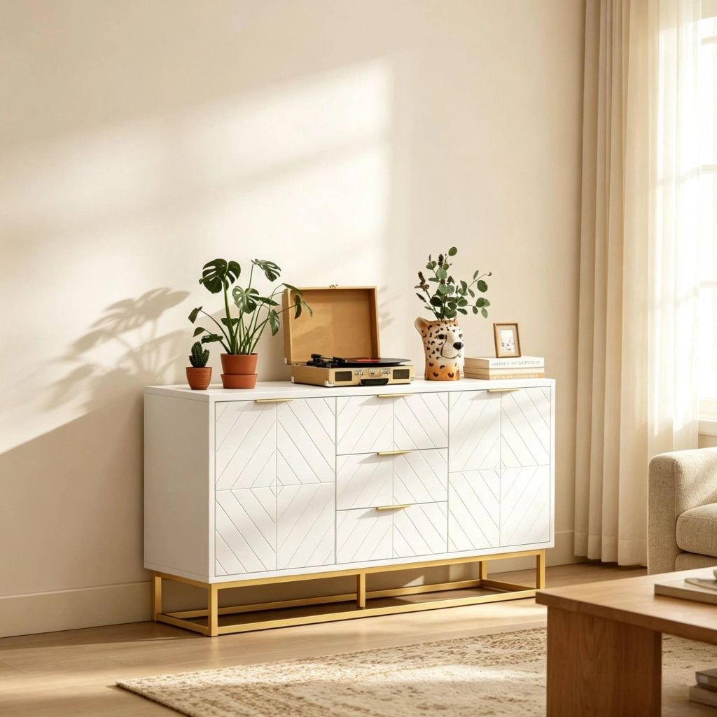 Credenza bianca e dorata con 2 vani e 3 cassetti
