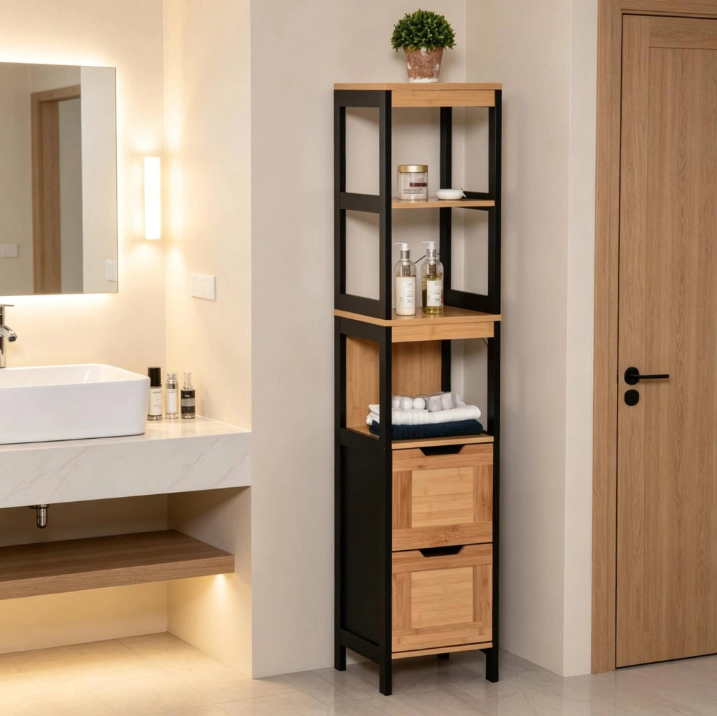 Colonna bagno 30x30x144,3 cm bambù nero, con 2 cassetti
