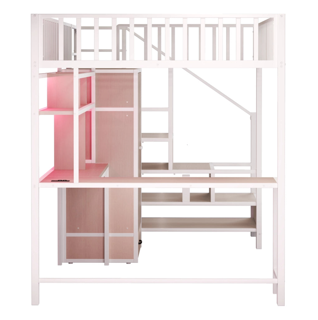 Letto a soppalco in metallo bianco 140x200 cm con scrivania, armadio, ripiani, cassetti, scaletta di sicurezza, illuminazione LED e presa di ricarica integrata