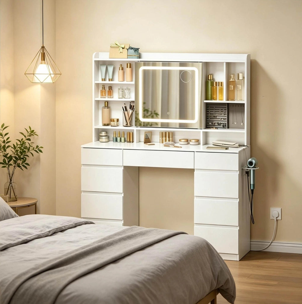 TAVOLO da trucco con specchio scorrevole e LED 110x40x140 cm bianco
