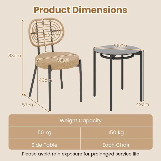 Set da bistro da giardino 3 pezzi in rattan PE e metallo con tavolino in vetro temperato e 2 sedie marrone per balcone e terrazza