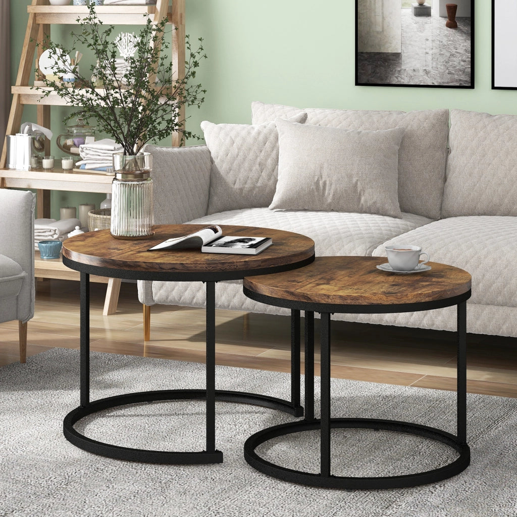 Set da 2 tavolini da caffè rotondi impilabili, tavolini bassi in MDF effetto legno marrone con struttura in metallo, salvaspazio per soggiorno moderno