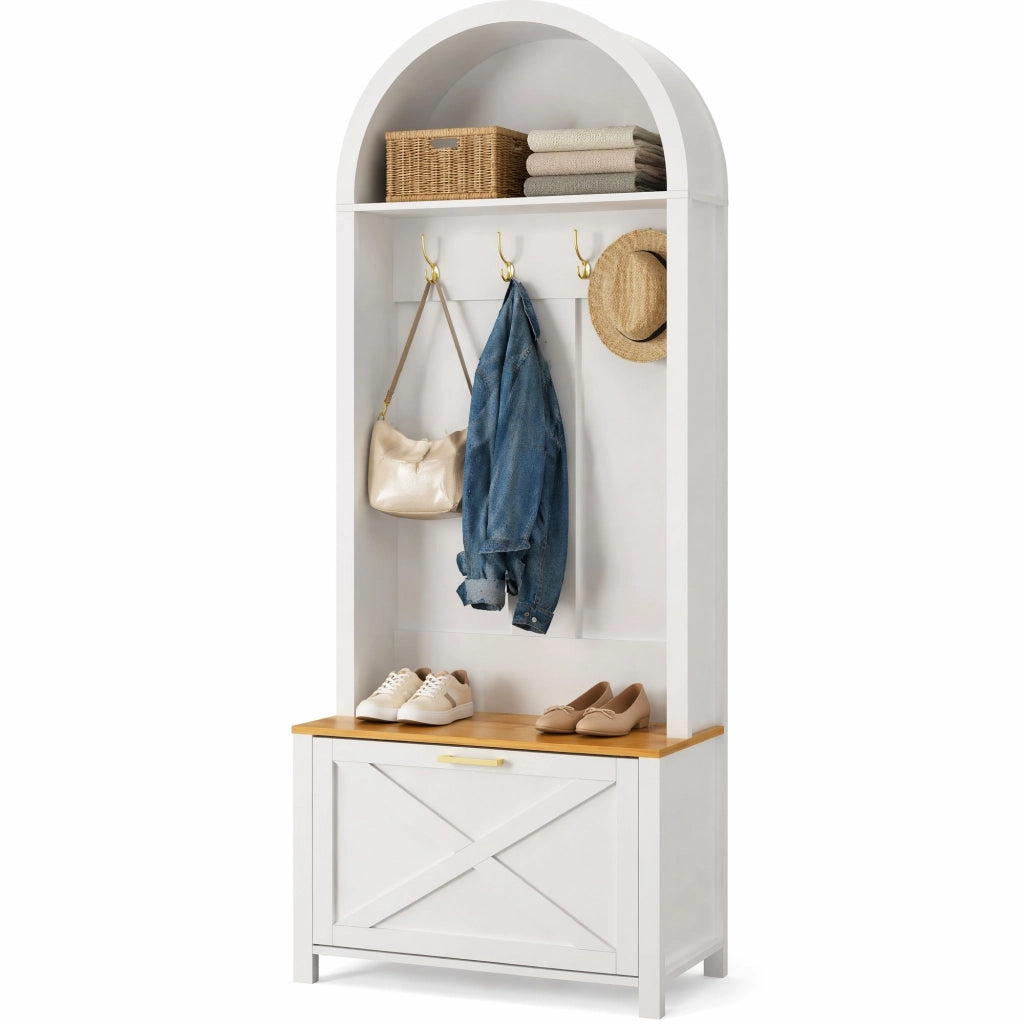 Guardaroba da ingresso 75x35x195 cm in MDF bianco e legno con scarpiera