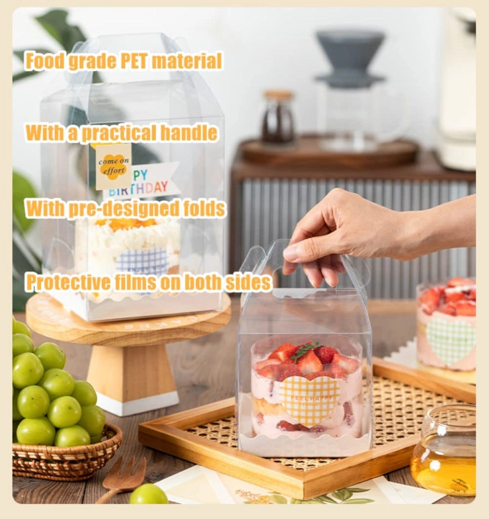 Set di 10 scatole trasparenti per torte, dimensioni 13x13x12 cm, con maniglia