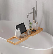 Mensola vasca da bagno regolabile in bambù 70-105x21,8x5 cm con struttura in acciaio inossidabile