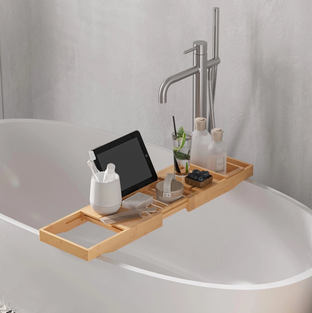Mensola vasca da bagno regolabile in bambù 70-105x21,8x5 cm con struttura in acciaio inossidabile