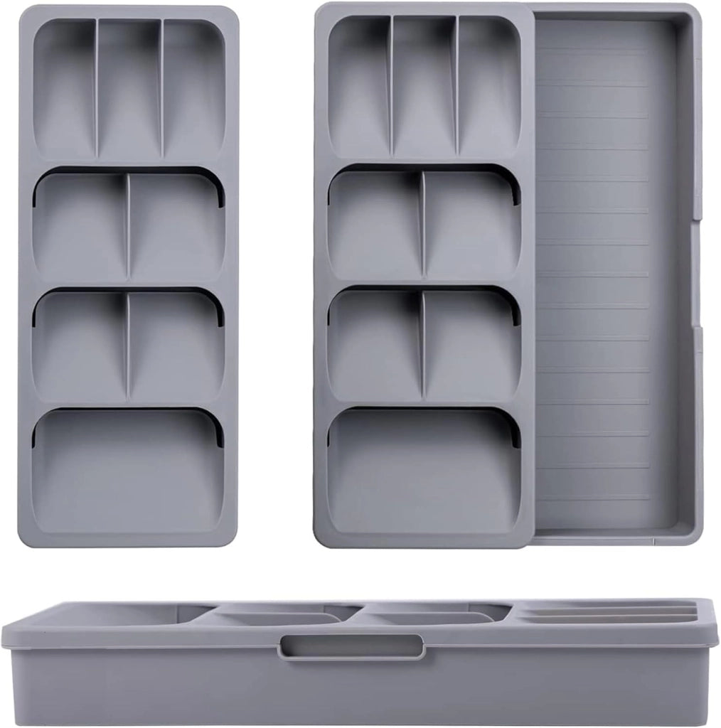 Contenitore per posate espandibile, regolabile, con una larghezza compresa tra 17 e 26,4 cm, di colore grigio, realizzato in plastica