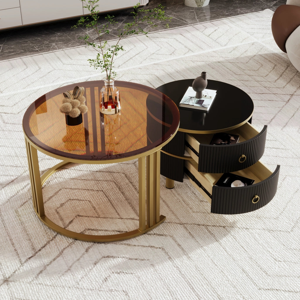 Tavolino da salotto set di 2 rotondi con 2 cassetti in MDF e vetro temprato nero e oro con gambe in metallo