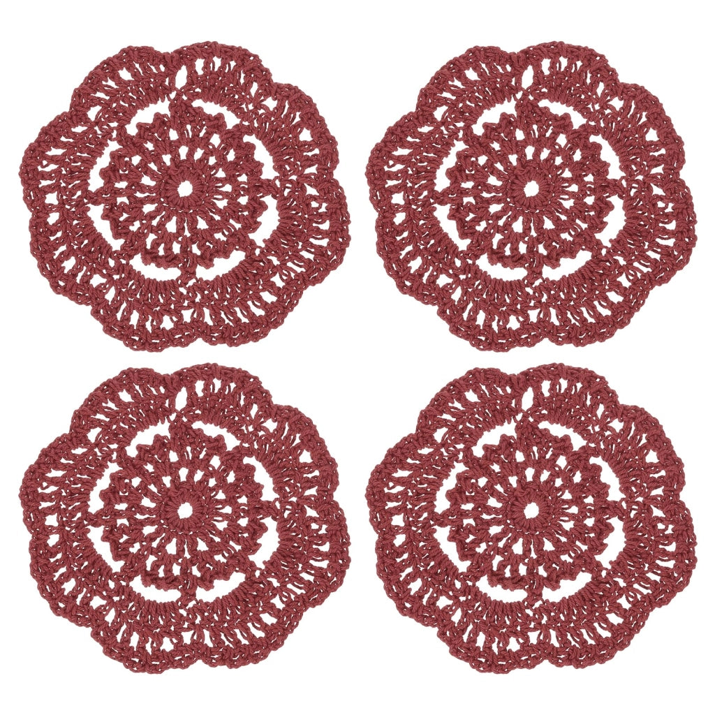 4 sottobicchieri in cotone, lavorati all'uncinetto, diametro 10 cm, color marrone-rossastro