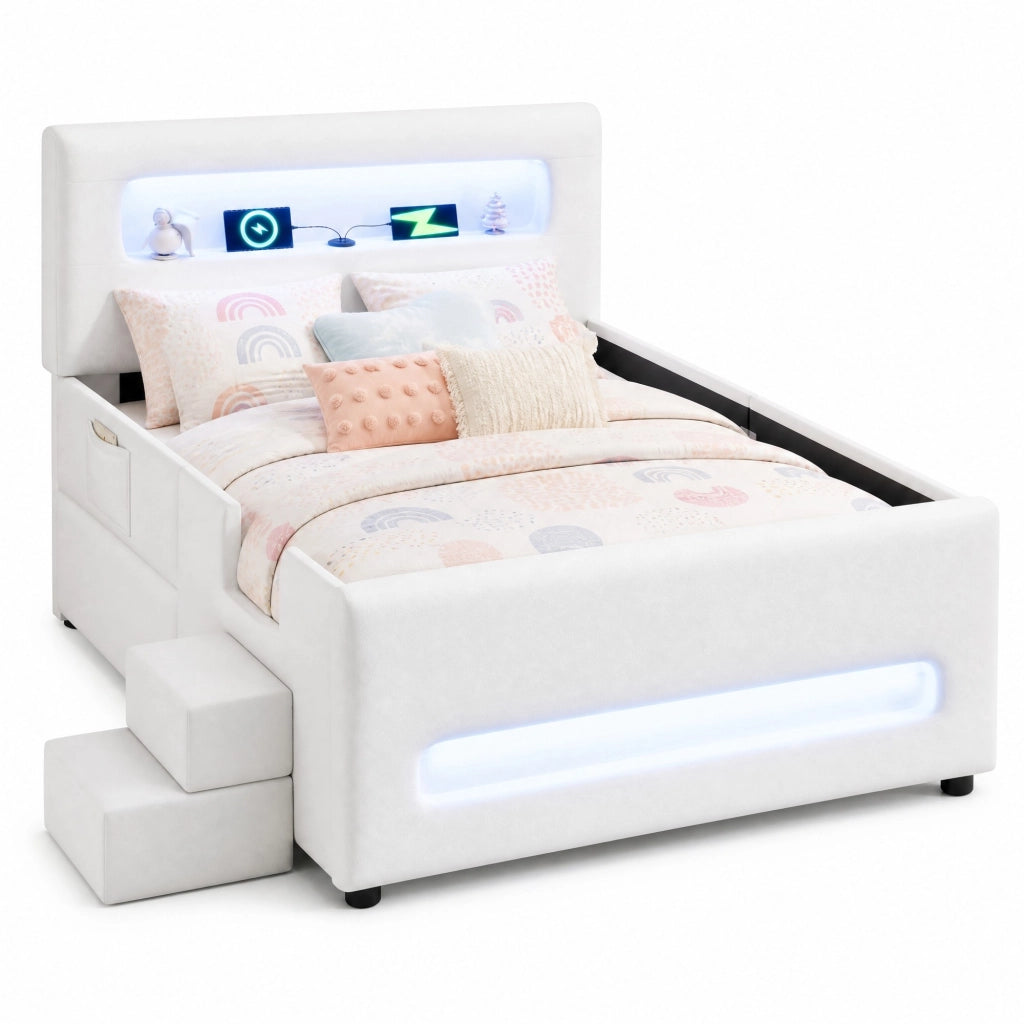 Letto singolo imbottito 90 × 200 cm con scala cassetto LED in PU bianco e rosa