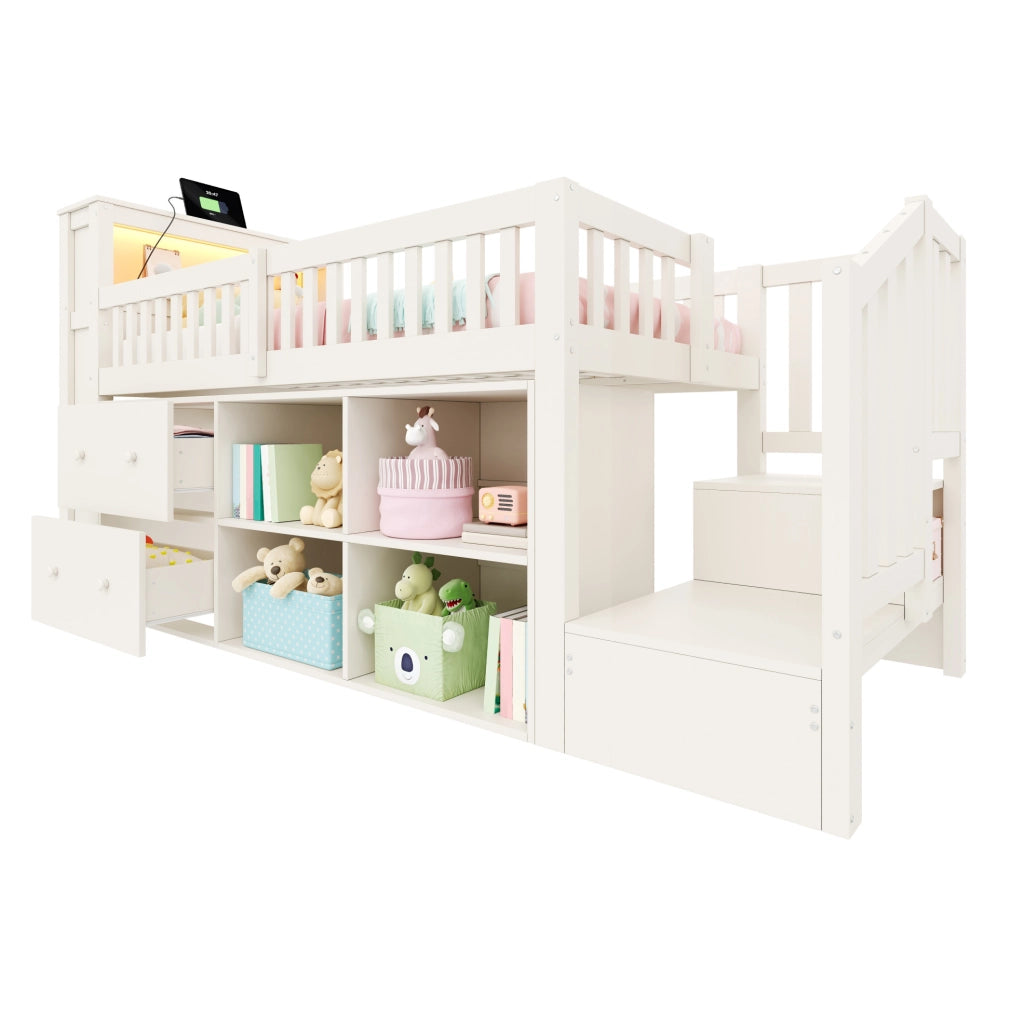 Letto a soppalco 90x200 cm con scala contenitore; cassetti; LED e USB in pino e MDF bianco