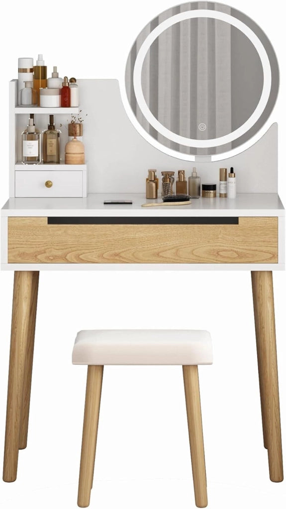 Toilette Moderna con Specchio LED e Sgabello - 2 Cassetti - 3 Modalità di Illuminazione Regolabili per Camera