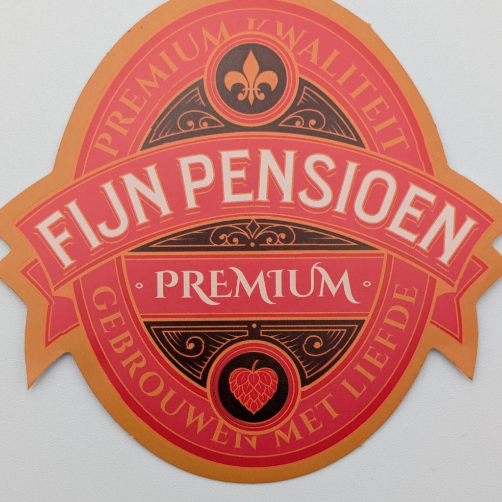 6 etichette per bottiglie di birra – "Fijn Pensioen" – Verde e oro