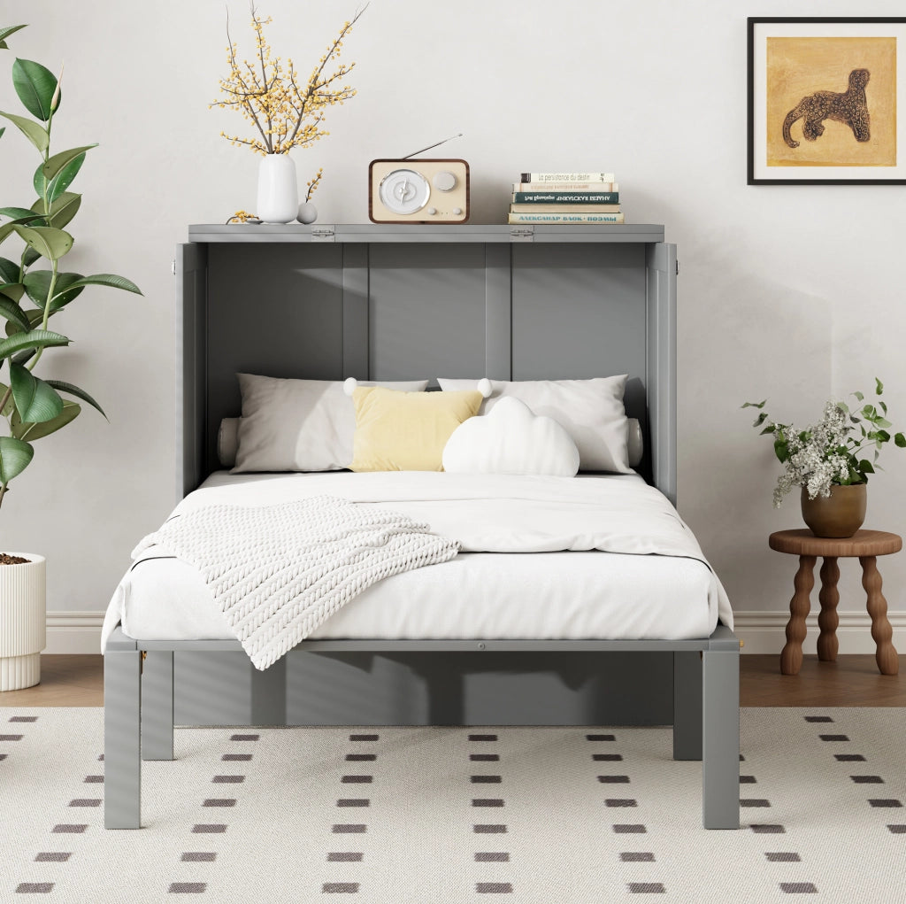 Letto a scomparsa verticale 90x200 cm con rete a doghe, colore grigio, risparmio spazio per camere singole