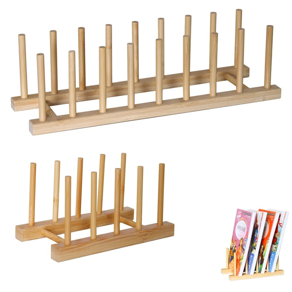 Set di 2 supporti per scolatura in bambù, con 4 e 8 fessure, salvaspazio